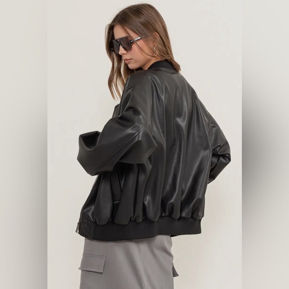 Oversized Black Faux Leather Bomber Jacket